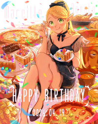 1girl anezu birthday birthday_cake black_camisole black_dress black_footwear black_ribbon blonde_hair bowl breasts cake cake_slice camisole character_name cheese chicken_(food) cleavage coin confetti dated dress dryad_fruit_(dungeon_meshi) dungeon_meshi eating elf english_text food fork frilled_camisole frills fruit green_eyes happy_birthday holding holding_fork holding_plate light_blush long_hair looking_at_viewer marcille_donato medium_breasts omelet pizza plate pointy_ears ponytail puffy_cheeks ribbon simple_background sitting smile sorbet soup strawberry swept_bangs tart_(food) treasure_bug_(dungeon_meshi) vegetable very_long_hair white_background