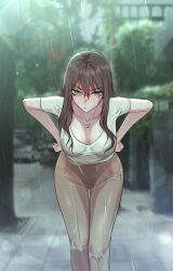 1girl :/ black_bra black_panties blurry blurry_background bra bra_visible_through_clothes breasts brown_hair brown_pants cat collarbone commentary english_commentary hair_between_eyes highres jewelry large_breasts leaning_forward long_hair looking_at_viewer necklace original outdoors panties panties_visible_through_clothes pants rain red_machine road shirt short_sleeves solo straight_hair street thigh_gap underwear v-shaped_eyebrows wet wet_clothes white_shirt