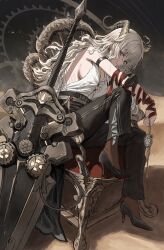 1girl absurdres arm_strap bare_shoulders black_gloves black_horns black_pants black_shoes breasts clock closed_mouth commentary curled_horns earrings full_body gloves gold_can high_heels highres holding_clock horns jewelry key_earrings large_breasts long_hair looking_at_viewer necktie necktie_around_wrists pants red_eyes red_necktie shirt shirt_tucked_in shoes sideboob single_glove sitting solo sword torn_clothes torn_shirt weapon white_hair white_shirt wuthering_waves zani_(wuthering_waves)