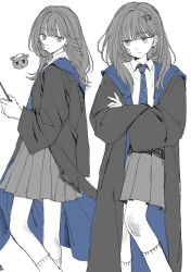 1girl absurdres anger_vein cloak earrings highres jewelry monochrome ravenclaw robe socks solo solo_focus spot_color wand wayon154 wizarding_world