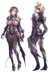 Rule 34 | 1boy, 1girl, black hair, blonde hair, bodysuit, breasts, claws, closed mouth, cloud strife, cloud strife (bahamut garb), commentary request, covered navel, dragon wings, eye mask, facing back, final fantasy, final fantasy vii, final fantasy vii ever crisis, full body, headpiece, highres, hip vent, large breasts, long hair, looking at viewer, low-tied long hair, mugikoma, official alternate costume, pink lips, red eyes, short hair, shoulder pads, single wing, smile, spiked hair, standing, straight-on, swept bangs, tifa lockhart, tifa lockhart (bahamut suit), white background, wings
