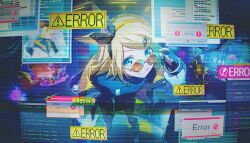 1girl adjusting_eyewear black_shirt blonde_hair blue_eyes bow_hairband colorful_palette computer computer_keyboard couch error_message food full_body game_cg glitch grin gyakkou_no_lens_flare_(project_sekai) hair_ornament hairband highres jacket kagamine_rin laptop looking_at_viewer monitor official_alternate_costume official_art open_clothes open_jacket orange-tinted_eyewear popcorn project_sekai round_eyewear shirt smile solo standing sunglasses swivel_chair table teeth third-party_source tinted_eyewear vocaloid white_jacket window_(computing) x yellow-framed_eyewear zipper