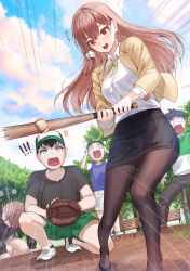 ! !! 1girl 4boys :d all_fours ball baseball baseball_(object) baseball_bat baseball_cap baseball_glove bench black_hair black_hoodie black_pants black_pantyhose black_shoes black_skirt black_socks blue_shirt blue_sky blush bow bowtie breasts brown_hair catcher_(baseball) child cloud cloudy_sky collared_shirt crying crying_with_eyes_open day dress_shirt dutch_angle emphasis_lines flying_sweatdrops foot_out_of_frame full_body green_pants green_shirt hair_ornament hair_scrunchie hands_on_own_face hands_up hat high_heels highres holding holding_baseball_bat hood hoodie jacket kfr lamppost large_breasts long_hair long_sleeves looking_at_object motion_lines multicolored_shirt multiple_boys on_one_knee open_clothes open_jacket open_mouth original outdoors pants pantyhose pencil_skirt playing_sports prostration red_eyes scrunchie shirt shoes short_hair short_sleeves shorts skirt sky smile socks spread_legs standing surprised swinging_baseball_bat tears teeth tree two-tone_shirt upper_teeth_only white_pants white_scrunchie white_shirt white_shoes wide-eyed wooden_bench yellow_bow yellow_bowtie yellow_jacket