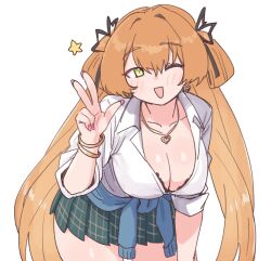 1girl absurdres alternate_costume black_bra bra bra_peek bracelet brown_hair clothes_around_waist girls&#039;_frontline girls&#039;_frontline_2:_exilium gyaru highres jewelry nikukabe one_eye_closed simple_background solo springfield_(girls&#039;_frontline) springfield_(girls&#039;_frontline_2) underwear v white_background
