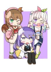 Rule 34 | 3girls, :3, absurdres, acorn pendant, airani iofifteen, airani iofifteen (1st costume), animal ears, arm up, arms up, ayunda risu, ayunda risu (1st costume), belt, beret, biyuch, black belt, black footwear, black shirt, black shorts, blonde hair, blue bow, blue bowtie, blue hair, blue overalls, blush stickers, boots, border, bow, bowtie, braid, brooch, brown choker, brown footwear, brown hair, cardigan, carrot hair ornament, character doll, choker, closed mouth, clothing cutout, collared shirt, colored inner hair, commentary, crop top, cropped shirt, deformed, doll, dot nose, double w, dress, english commentary, eyes visible through hair, fang, food-themed hair ornament, full body, gradient hair, green bow, green eyes, green footwear, grey hair, hair between eyes, hair bow, hair bun, hair ornament, hair over shoulder, hand on own hip, hat, highres, holding, holding doll, hololive, hololive indonesia, hood, hooded cardigan, jacket, jewelry, legs together, long hair, long sidelocks, low twintails, midriff peek, moona hoshinova, moona hoshinova (1st costume), multicolored bow, multicolored hair, multiple girls, one eye closed, one side up, open mouth, outside border, overalls, partially open jacket, pendant choker, pink bow, pink cardigan, pink hat, polka dot, polka dot bow, pom pom (clothes), purple background, purple eyes, purple hair, rabbit ears, red bow, red bowtie, scratching nose, shirt, shoes, short dress, short sleeves, shorts, shoulder cutout, side up bun, sidelocks, single off shoulder, sitting, sleeveless, sleeveless shirt, smile, sneakers, squirrel ears, squirrel girl, squirrel tail, standing, star brooch, starry hair, suspenders, swept bangs, tail, terada tera (style), thigh boots, thighhighs, twin braids, twintails, twitter username, two-tone hair, usada pekora, virtual youtuber, w, white border, white bow, white dress, white hair, white jacket, white shirt, white thighhighs, zettai ryouiki