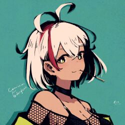 1girl absurdres antenna_hair aqua_background black_bra bra breasts bright_pupils cleavage colored_inner_hair commentary commission commissioner_name dark-skinned_female dark_skin dated english_commentary fishnet_top fishnets food food_in_mouth green_eyes highres large_breasts mole mole_under_mouth multicolored_hair original pocky pocky_in_mouth portrait rnna short_hair signature simple_background solo streaked_hair underwear white_hair