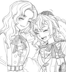 Rule 34 | 2girls, ^ ^, ascot, closed eyes, gloves, greyscale, hand on another&#039;s head, hat, hat on back, heads together, holster, ioi 33333, jacket, lineart, long hair, lopera (reverse:1999), moldir (reverse:1999), monochrome, multiple girls, open mouth, reverse:1999, safety pin, shirt, shoulder holster, siblings, side ponytail, sisters, smile, step-siblings, straw hat, upper body, vest, white background