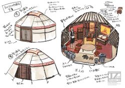 1boy commentary_request dragon_boy dragon_horns dragon_tail horns interior male_focus original red_hair short_hair simple_background solo table tail tent tent_interior tokitsu_sousaku translation_request white_background