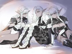 1boy 2girls armor belt braid breasts cape cleavage closed_mouth commentary_request dark_elf elf fur_trim greyscale hair_over_one_eye highleg highleg_leotard isa_(peien516) ithilion_(unicorn_overlord) large_breasts leotard long_hair long_sleeves looking_at_another looking_to_the_side medium_breasts monochrome multiple_girls one_eye_covered pauldrons pointy_ears railanor_(unicorn_overlord) rosalinde_(unicorn_overlord) short_hair shoulder_armor sitting smile sweatdrop thighs twin_braids unicorn_overlord