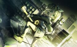 Rule 34 | 1girl, aqua eyes, blonde hair, bow hairband, building, colorful palette, don&#039;t lose faith! (project sekai), dutch angle, foot out of frame, game cg, green hairband, green theme, guitar, hair ornament, hairband, hairclip, highres, instrument, kagamine rin, leg warmers, muted color, official art, project sekai, shirt, shoes, shorts, solo, speaker, star (symbol), star hair ornament, third-party source, v, vocaloid