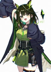 1girl :d absurdres ahoge animal_ears arknights arm_up bare_shoulders black_coat black_hair black_shorts chromatic_aberration coat colored_inner_hair commentary cowboy_shot crystal extra_ears green_eyes green_hair green_shirt hair_between_eyes hair_over_shoulder hands_up highres huge_ahoge jinggun long_hair long_sleeves looking_at_viewer mon3tr_(arknights) multicolored_hair off_shoulder open_mouth pouch shirt short_shorts shorts simple_background sleeveless sleeveless_shirt sleeves_past_fingers sleeves_past_wrists smile solo standing stethoscope stethoscope_around_neck thigh_strap torn_clothes torn_coat translation_request white_background