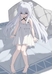 Rule 34 | 1girl, absurdres, azur lane, bare legs, bare shoulders, barefoot, blue eyes, collarbone, commentary request, criss-cross halter, double bun, dress, feet, flat chest, full body, hair between eyes, hair bun, halterneck, highres, le malin (azur lane), le malin (sleepy sunday) (azur lane), long hair, official alternate costume, open mouth, pillow, ribbon, rug, sitting, smile, solo, tang3529123960, toes, very long hair, white dress, white hair, white ribbon, wrist ribbon