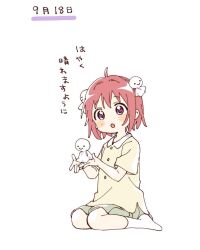 1girl :o ahoge akaza_akari blush_stickers collared_shirt commentary_request contrast_collar double_bun full_body green_shorts hair_bun hair_ornament highres holding looking_at_viewer namori open_mouth purple_eyes red_hair shirt short_hair short_sleeves shorts simple_background sitting socks solo teruterubouzu translation_request wariza white_background white_socks yellow_shirt yuruyuri