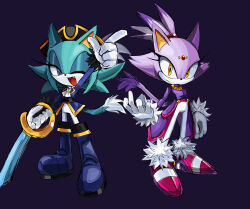 2girls absurdres animal_ears arm_up blaze_the_cat blue_background blue_eyes blue_fur cat_ears cat_girl cat_tail forehead_jewel fur_trim furry furry_female hat highres holding holding_sword holding_weapon multiple_girls one_eye_closed open_mouth original pirate pirate_hat pointing purple_fur smile sonic_(series) standing sword tail uomee weapon yellow_eyes