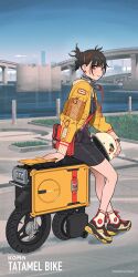 1girl back bare_legs black_choker black_dress black_hair blunt_bangs blush bridge brown_eyes choker copyright_name dress earrings fishnet_sleeves fishnets from_side hair_ornament hairclip headphones headset helmet highres icoma_tatamel jacket jewelry looking_at_viewer mole mole_on_leg motor_vehicle multiple_hair_clips scooter short_dress short_hair smile solo tarou2 urban x_hair_ornament yellow_jacket