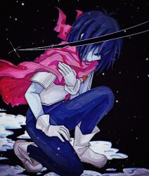 1other armor blue_hair blue_skin boots cape colored_skin deltarune hand_on_own_chest heart knighting kris_(dark_world)_(deltarune) kris_(deltarune) makurajifuyuka on_one_knee pink_cape short_hair star_(sky) sword weapon