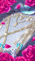 blue_bow bow commentary cup diamond_(gemstone) fate/grand_order fate_(series) flower jewelry lasengle necklace no_humans object_focus official_art pearl_necklace pink_flower pink_rose rose teacup third-party_source unworn_jewelry unworn_necklace white_bow