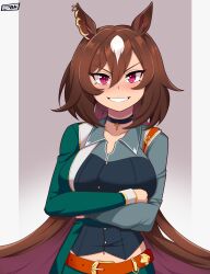 Rule 34 | 1girl, absurdres, animal ears, arms under breasts, artist logo, artist name, black gloves, breasts, brown hair, cleavage, collared shirt, crossed arms, fingerless gloves, gloves, green jacket, green pants, grey shirt, grin, highres, horse ears, horse girl, jacket, julian belkan, large breasts, logo, long hair, looking at viewer, midriff peek, pants, pendant choker, red eyes, shirt, simple background, sirius symboli (umamusume), smile, solo, teeth, umamusume, upper body, v-shaped eyebrows