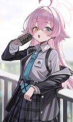 1girl absurdres against_railing ahoge aqua_necktie artist_name black_jacket black_skirt blue_archive blurry blurry_background blush can chest_harness commentary crossed_bangs dress_shirt fang hair_between_eyes hair_flaps halo harness heterochromia highres holding holding_can hoshino_(blue_archive) id_card jacket long_hair looking_at_viewer loose_necktie necktie p1n pink_hair plaid_clothes plaid_skirt railing school_uniform shirt signature skin_fang skirt solo straight_hair very_long_hair white_shirt