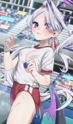 1girl absurdres asupa_mayo0210 blue_archive blush bottle buruma cowboy_shot demon_horns gym_uniform highres hina_(blue_archive) horns long_hair looking_at_viewer low_wings outdoors parted_lips ponytail purple_eyes red_buruma see-through_clothes see-through_shirt shirt solo sweat teeth water_bottle white_shirt wings