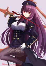 Rule 34 | 1girl, absurdres, ascot, beret, black coat, black hat, black skirt, breasts, brooch, brown pantyhose, coat, fate/grand order, fate (series), gloves, hat, highres, jewelry, large breasts, long hair, long sleeves, looking at viewer, narukamikagerou, pantyhose, pencil skirt, pointer, purple hair, red eyes, scathach (fate), scathach (fgo fes. 2025) (fate), shirt, skirt, solo, thighs, white gloves, white shirt