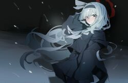 1girl black_coat black_eyes black_hairband black_ribbon black_serafuku black_skirt blue_archive blush braid breath closed_mouth coat collared_shirt floating_hair hair_over_one_eye hair_ribbon hairband halo highres long_hair long_sleeves looking_at_viewer mega_suki neckerchief plana_(blue_archive) pleated_skirt red_halo red_pupils ribbon school_uniform serafuku shirt single_braid skirt snowing solo unfinished very_long_hair white_hair white_neckerchief white_ribbon