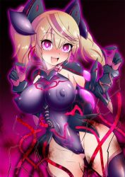 1girl :d blonde_hair blush bodysuit breasts corruption covered_erect_nipples cowboy_shot curvy female_focus gene_(pso2) gluteal_fold hair_between_eyes headgear heart heart_tattoo hip_focus large_breasts nipples open_mouth phantasy_star phantasy_star_online_2 pink_eyes pink_hair pubic_tattoo sanagi_semi shiny_clothes smile solo tattoo thighhighs thighs twintails