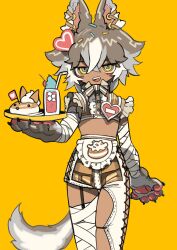 1boy absurdres animal-themed_food animal_ears animal_hands arm_wrap blue_eyes brown_hair brown_shorts claws colored_tips commentary_request cowboy_shot dark-skinned_male dark_skin dog_boy dog_ears dog_tail drink ear_piercing fang frilled_sleeves frills gloves green_eyes hand_up highres holding holding_tray leg_wrap looking_at_viewer male_focus multicolored_hair original paw_gloves piercing ringed_eyes shima_(wansyon144) short_hair shorts simple_background solo stomach tail trap tray waiter white_hair yellow_background yellow_eyes