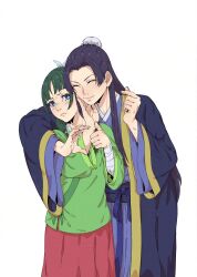 1boy 1girl ^_^ bandaged_arm bandages blue_eyes chinese_clothes chuckuddin closed_eyes duijin_ruqun embarrassed finger_heart green_hair hanfu heart_hands_failure highres jinshi_(kusuriya_no_hitorigoto) kusuriya_no_hitorigoto long_hair maomao_(kusuriya_no_hitorigoto) purple_jair red_skirt simple_background skirt smile thumbs_up white_background wide_sleeves