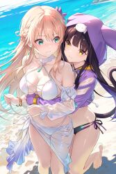 2girls animal animal_on_head asakura_karen_(heaven_burns_red) bikini black_hair blonde_hair bow braid green_eyes half_up_braid heaven_burns_red highres hood hood_up hooded_jacket hug hug_from_behind jacket long_hair long_sleeves multiple_girls netarou_(shinra) on_head swimsuit toujou_tsukasa twintails white_bikini yellow_eyes yuri