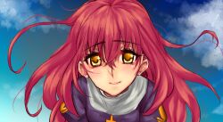 Rule 34 | 1girl, blue sky, blush, closed mouth, cloud, commentary request, cross, cross necklace, dress, hair between eyes, highres, jewelry, juliet sleeves, leaning forward, long hair, long sleeves, looking at viewer, necklace, priest (ragnarok online), puffy sleeves, purple dress, ragnarok online, red hair, shirokuro (erisnoa), sky, smile, solo, upper body, yellow eyes