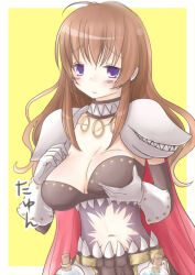 1girl armor bikini blush breast_lift breasts brown_bikini brown_hair brown_skirt commentary_request cowboy_shot genetic_(ragnarok_online) gloves large_breasts long_hair looking_at_viewer medium_breasts navel open_mouth pauldrons purple_eyes ragnarok_online raised_eyebrows shoulder_armor sidelocks skirt solo swimsuit teeth two-tone_background white_background white_gloves yellow_background yoru_nagatsuki