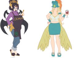 2girls alternate_costume artist_name bare_shoulders bat_tattoo bat_wings black_hair blonde_hair breasts cheeso_art cleavage covered_eyes demon demon_girl demon_horns demon_wings digimon digimon_(creature) eyeshadow facial_mark forehead_mark forehead_tattoo hair_ornament helmet helmet_over_eyes highres horns large_breasts lilithmon long_hair looking_at_viewer makeup multiple_girls multiple_wings navel ofanimon pointy_ears purple_eyeshadow purple_lips short_hair smile tattoo wings