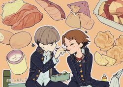bag bottle brown_hair buttons chopsticks closed_eyes eating food fruit grey_hair hanamura_yousuke highres holding holding_chopsticks holding_food jacket lemon lemon_slice narukami_yu open_clothes open_jacket persona persona_4 shirt short_hair sitting ssd_h2p7 twitter_username white_shirt