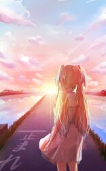 Rule 34 | 1girl, bairasu 02, blonde hair, blue hair, blue sky, cloud, commentary request, dress, facing away, feet out of frame, flower, from behind, gradient hair, gradient sky, hair flower, hair ornament, hasu no sora school uniform, highres, link! like! love live!, love live!, medium dress, multicolored hair, osawa rurino, outdoors, pink flower, pink sky, pleated dress, sailor collar, sailor dress, school uniform, sky, solo, standing, summer uniform, sunrise, translation request, twintails, virtual youtuber, white dress, white sailor collar