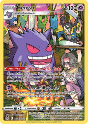 3girls artist_name asymmetrical_sleeves axe blue_hair blue_jacket boiling braid campfire card_(medium) carrot character_name charm_(pokemon) chest_sarashi cleaver closed_mouth clothesline cloud clover_(pokemon) coin_(pokemon) company_name cooking_pot copyright_name copyright_notice english_text facepaint food gen_1_pokemon gengar glint grass grey_hair haunter hisuian_poke_ball holding holding_cleaver jacket knife komayama_akira long_hair multiple_girls nintendo official_art on_one_knee open_clothes open_jacket open_mouth outdoors pants pantyhose poke_ball pokemon pokemon_(creature) pokemon_card pokemon_legends:_arceus pokemon_tcg pouch puff_of_air purple_pantyhose red_eyes sarashi short_hair sitting sky smile socks standing stew teeth third-party_source tongue torn_clothes torn_sleeves trading_card tree_stump twin_braids unworn_clothes unworn_pants unworn_socks vegetable white_socks