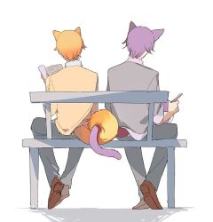 Rule 34 | 2boys, animal ears, bench, blonde hair, book, brown shoes, cat boy, cat ears, cat tail, collared shirt, dog boy, dog ears, dog tail, from behind, gag1tdiucvpteok, grey pants, grey sweater, holding, holding book, holding pencil, intertwined tails, kamishiro rui, kamiyama high school uniform (project sekai), loafers, long sleeves, male focus, multiple boys, on bench, open book, pants, pencil, project sekai, purple hair, school uniform, shirt, shoes, sitting, sweater, tail, tenma tsukasa, white background, white shirt, yellow sweater