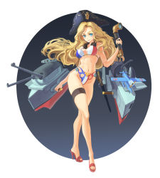 10s 1girl aircraft airplane artist_check bayonet bikini blonde_hair cannon contrapposto crane_(machine) crossed_legs female_focus flag_print flag_print_bikini fleur-de-lis france french_flag french_flag_bikini full_body gradient_background hat headphones headphones_around_neck high_heels highres hip_focus jeanex kantai_collection legs lipstick long_hair long_legs looking_at_viewer makeup mecha_musume navel original outside_border pacific_(kancolle) periscope print_bikini red_shoes round_image sheath sheathed shoes sima_naoteng simple_background solo standing surcouf_(pacific) swimsuit thigh_strap tricorne very_long_hair watson_cross wavy_hair weapon wide_hips