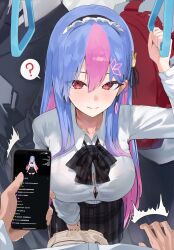 1boy 1girl 2others ? absurdres bag bing_hayu black_bow black_bowtie black_bra black_skirt blue_hair bow bowtie bra bra_peek breasts cellphone cleavage clock_hair_ornament collarbone collared_shirt colored_bangs colored_inner_hair gigabani gradient_hair hair_ornament hand_grip highres holding holding_bag holding_phone large_breasts light_blush livestream long_sleeves luvdia mole mole_under_eye multicolored_hair multiple_others phone pink_hair plaid_bow plaid_clothes plaid_skirt red_eyes see-through_clothes see-through_shirt shirt shirt_tucked_in skirt smartphone smile speech_bubble spoken_question_mark standing super_chat surprised sweat underwear virtual_youtuber white_shirt