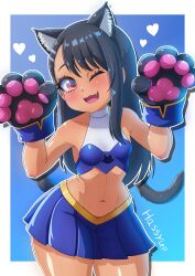 Rule 34 | 1girl, :3, absurdres, alternate species, animal ears, artist name, bare shoulders, black hair, blue background, blue shirt, blue skirt, blush, border, breasts, brown eyes, cat ears, cat girl, cat tail, collarbone, cowboy shot, cropped shirt, dark-skinned female, dark skin, eyebrows, eyelashes, fang, female focus, gloves, hands up, hassylep, highres, ijiranaide nagatoro-san, kemonomimi mode, long hair, looking at viewer, nagatoro hayase, navel, official alternate costume, one eye closed, open mouth, paw gloves, petite, shirt, simple background, skirt, small breasts, smile, solo, standing, tail, thighs, tongue, two-tone shirt, two-tone skirt, white border, white shirt, wink, yellow skirt