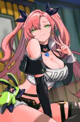 1girl :3 absurdres asymmetrical_bangs bangboo_(zenless_zone_zero) belt black_ribbon black_shorts black_sleeves black_thighhighs blue_gemstone breasts brown_belt cleavage closed_mouth clothing_cutout commentary crop_top curtained_hair cutoffs detached_collar detached_sleeves earrings feet_out_of_frame fishnet_cutout gem glint green_eyes hair_ribbon heart heart-shaped_gem heart_cutout heart_earrings heart_necklace highres jewelry long_hair looking_at_viewer medium_breasts micro_shorts mole mole_on_breast mole_under_eye necklace nicole_demara o-ring o-ring_thigh_strap open_fly parted_bangs pink_hair ribbon short_eyebrows short_shorts shorts shoulder_cutout single_thighhigh sitting smile solo strapless thigh_strap thighhighs torn_clothes torn_thighhighs tube_top two_side_up v white_tube_top yuu_(primenumber7) zenless_zone_zero