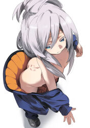 1girl ass blue_bodysuit blue_eyes bodysuit boots breasts closed_mouth colored_eyelashes commentary deux_murasame fu-ta grey_hair gundam gundam_gquuuuuux hair_bun highres long_hair off_shoulder petite sidelocks simple_background small_breasts solo white_background