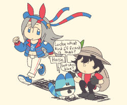 Rule 34 | 2girls, :/, animal ears, backpack, bag, black hair, blue eyes, chibi, chibi only, crossover, ear covers, english text, farfinfarfin, full body, gloves, grey hair, hairband, hat feather, helmet, horse ears, horse girl, horse tail, jacket, kaban (kemono friends), kemono friends, long hair, long sleeves, looking at another, lucky beast (kemono friends), midriff, multiple girls, non-humanoid robot, open clothes, open jacket, pants, pantyhose, pantyhose under shorts, pith helmet, raised eyebrow, raised inner eyebrows, red shirt, robot, running, shirt, shoes, short hair, short shorts, short sleeves, shorts, squatting, tail, tamamo cross (umamusume), umamusume, very long hair