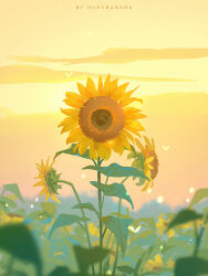 artist_name blurry bug cloud commentary depth_of_field english_commentary english_text evening field flower highres huhv. leaf no_humans orange_sky original outdoors plant scenery sky sunflower sunset yellow_flower yellow_sky