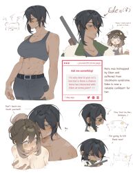 2girls belt black_belt black_hair breasts brown_hair character_name dark-skinned_female dark_skin degrees_of_lewdity eden_(degrees_of_lewdity) eden_(female)_(degrees_of_lewdity) english_text grey_pants grey_sports_bra hair_ornament highres large_breasts midriff multiple_girls multiple_views navel nora_(you_niao) pants player_character_(degrees_of_lewdity) player_character_(female)_(degrees_of_lewdity) sports_bra star_(symbol) star_hair_ornament you_niao yuri