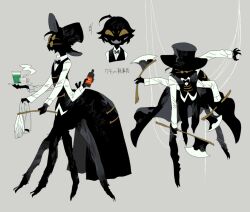 1boy arthropod_boy axe black_vest commentary_request drink extra_arms full_body furry furry_male glasses grey_background hat holding holding_axe holding_plate male_focus multiple_views newo_(shinra-p) original plate shirt silk simple_background spider_boy spider_web top_hat translation_request triple_wielding vest white_shirt yellow_eyes