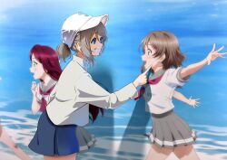 alternate_costume alternate_hairstyle amagi_(volfuji) baseball_cap beach blue_eyes blush brown_hair collar from_side grey_hair grey_skirt hat highres jacket legs long_hair long_sleeves love_live! love_live!_sunshine!! midriff midriff_peek necktie ocean photo-referenced photo_background pointing pointing_at_another ponytail red_hair running sailor_collar sakurauchi_riko short_ponytail short_sleeves skirt smile teeth thighs watanabe_you water white_hat yellow_eyes
