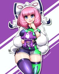 1girl blue_eyes blush breasts female_focus gen_8_pokemon hair_ornament highres jacket klara_(pokemon) large_breasts lipstick makeup nintendo pandreem pink_hair pokemon pokemon_swsh short_shorts shorts skindentation smile solo thick_thighs thighhighs thighs toxel