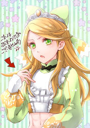 Rule 34 | 1girl, abs, black bow, black bowtie, bow, bowtie, crop top, ebi puri (ebi-ebi), etie (fire emblem), fire emblem, fire emblem engage, gem, green bow, green eyes, green shirt, hair bow, hooded top, long hair, long sleeves, looking at viewer, midriff, nintendo, orange gemstone, orange hair, shirt, solo, swept bangs, tiara, translation request
