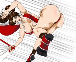 1girl ass ass_focus breasts brown_eyes brown_hair fan fatal_fury high_ponytail huge_ass japanese_clothes large_breasts looking_at_viewer ponytail revealing_clothes shiny_skin shiranui_mai solo the_king_of_fighters wide_hips
